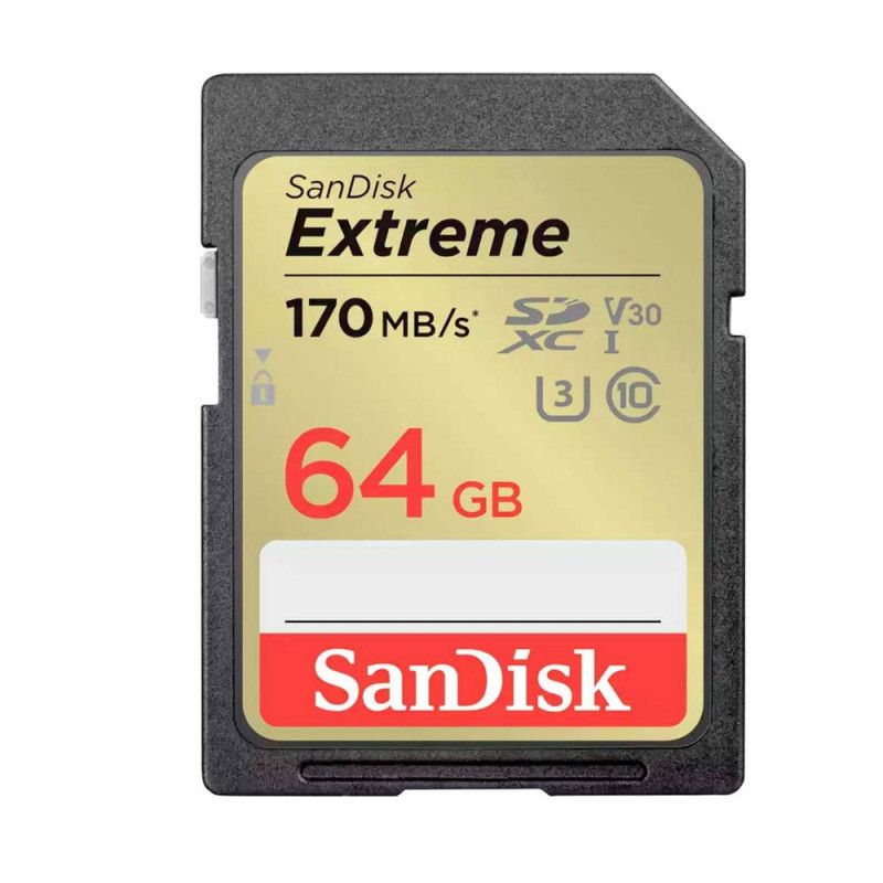 SANDISK SD Extreme 64GB (jusqu'à 170MB/S en lecture et 80MB/S en écriture)