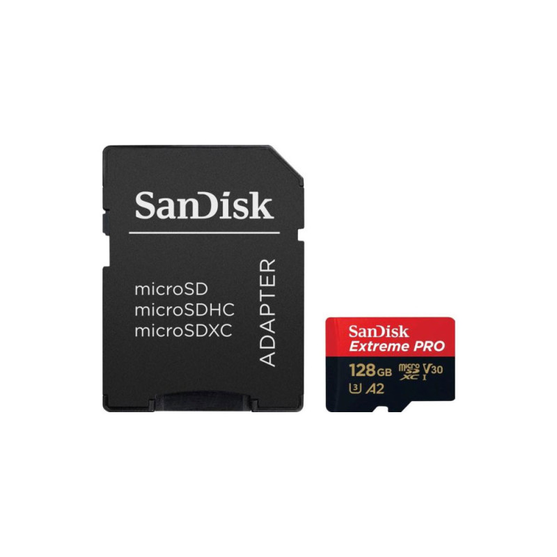 SANDISK Micro SD Extreme Pro 128GB A2 V30 + Adaptateur (jusqu'à 200MB/S en lecture et 90MB/S en écriture)