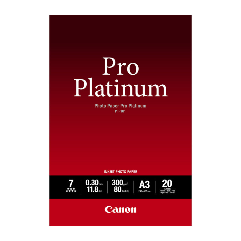 CANON PT-101 papier PHOTO PRO PLATINIUM 300 gr/m² format A3 (297x420) pochette 20 feuilles